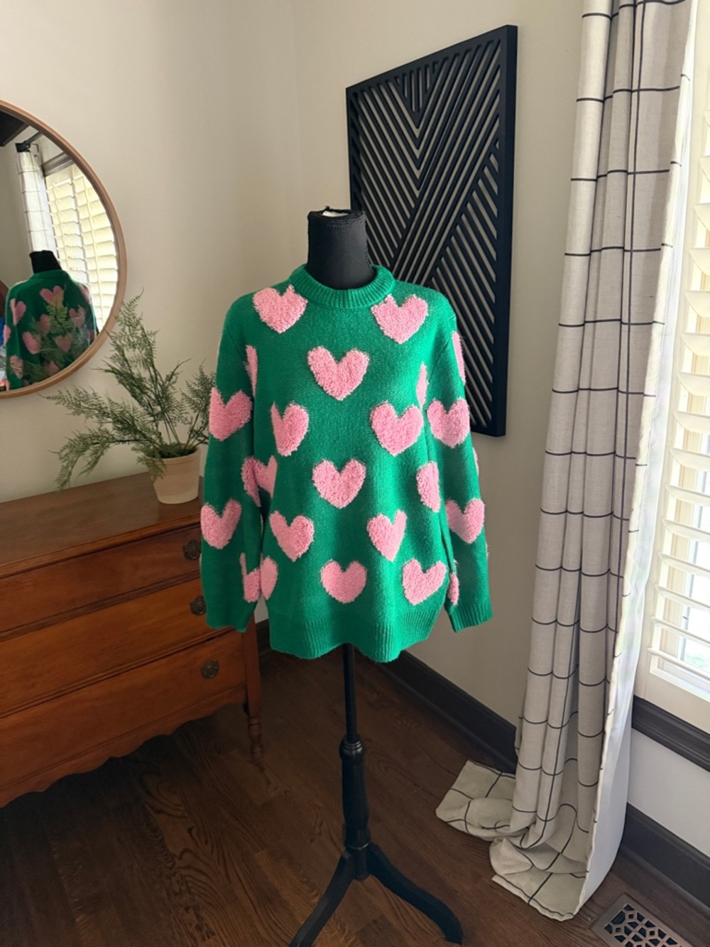 Pink Lily Green Crewneck Sweater with Pink fuzzy heart medium